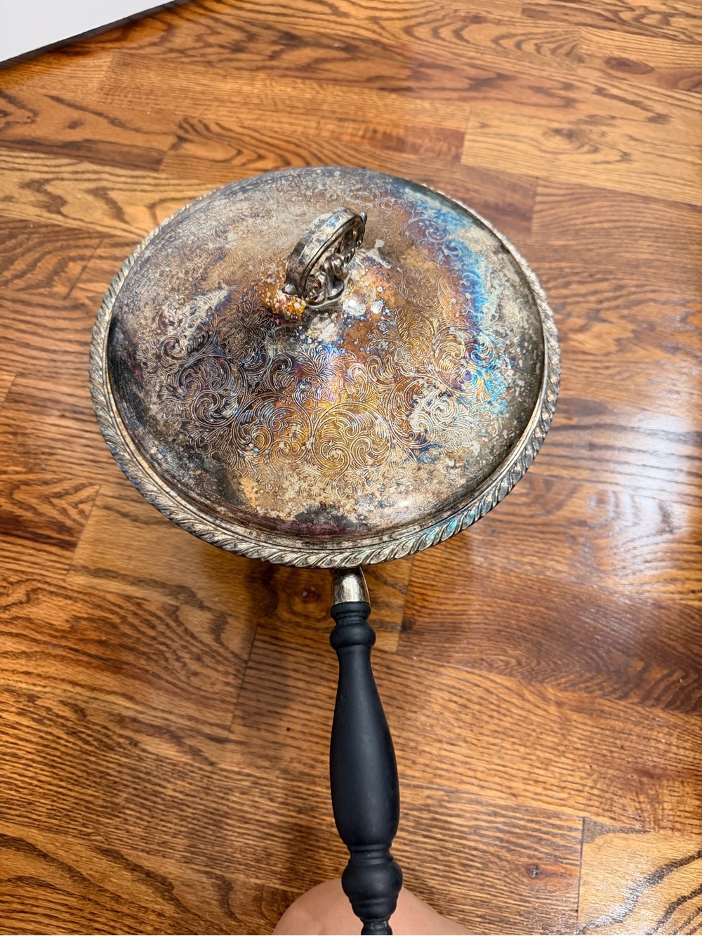 Antique-Style Silver-Tone Covered Skillet with Black Handle